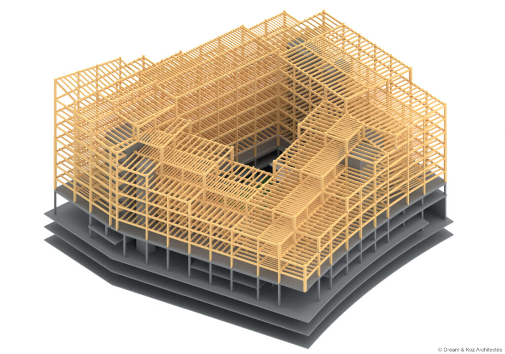 Construction du rectorat de Créteil bâtiment bois béton avec structure poteau poutre bois lamellé collé