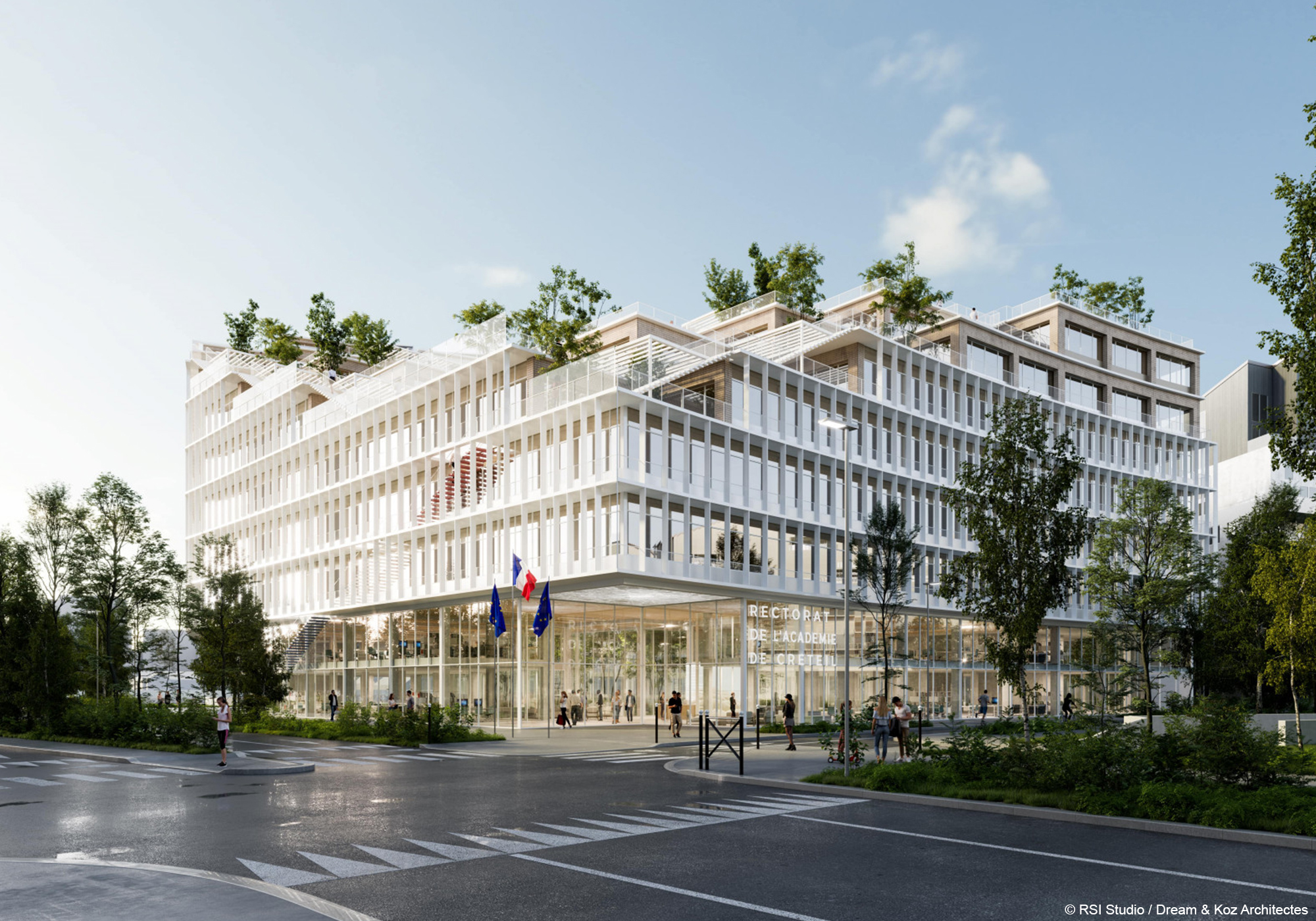 Construction du rectorat de Créteil bâtiment bois béton avec structure poteau poutre bois lamellé collé