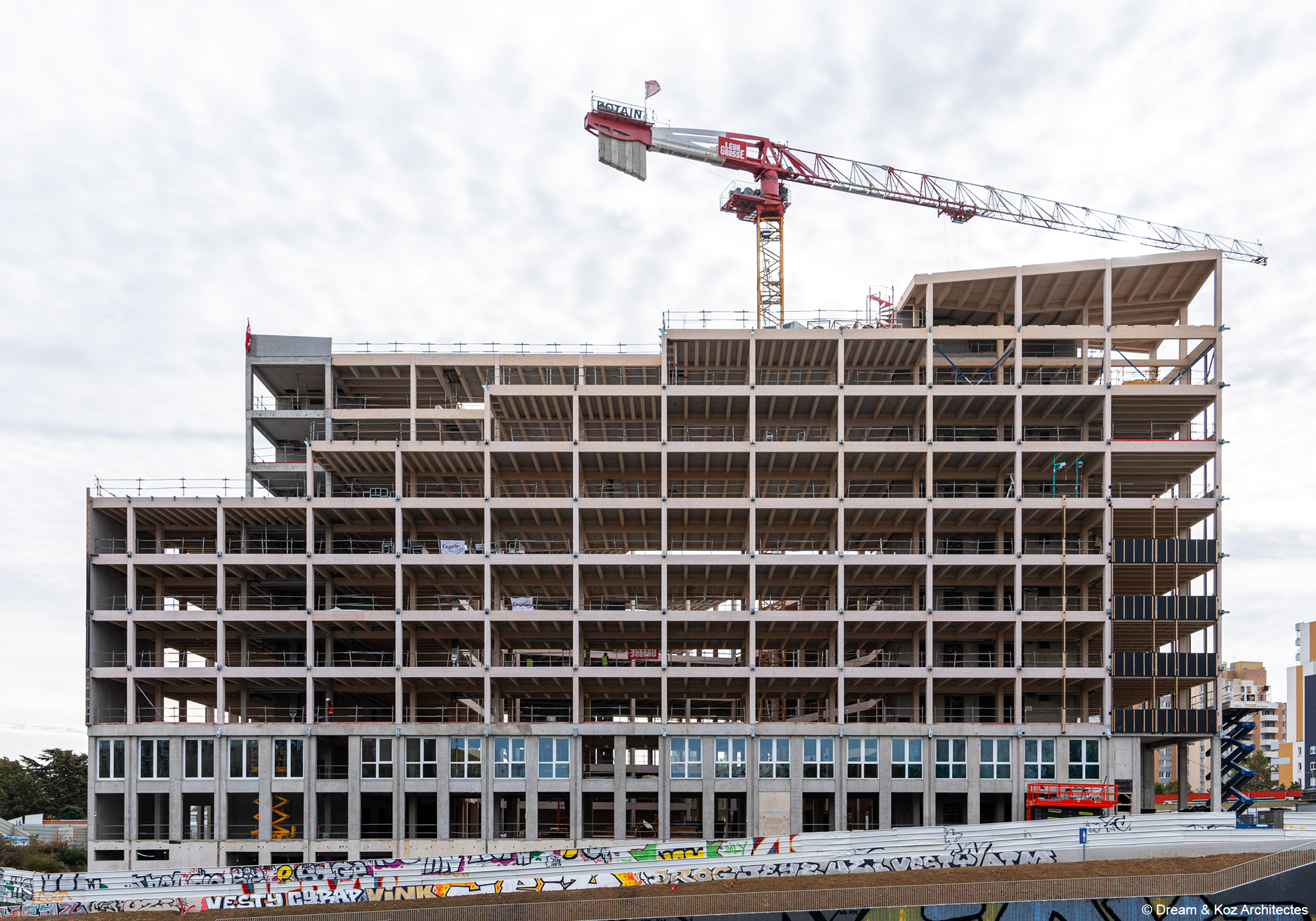 Construction du rectorat de Créteil bâtiment bois béton avec structure poteau poutre bois lamellé collé