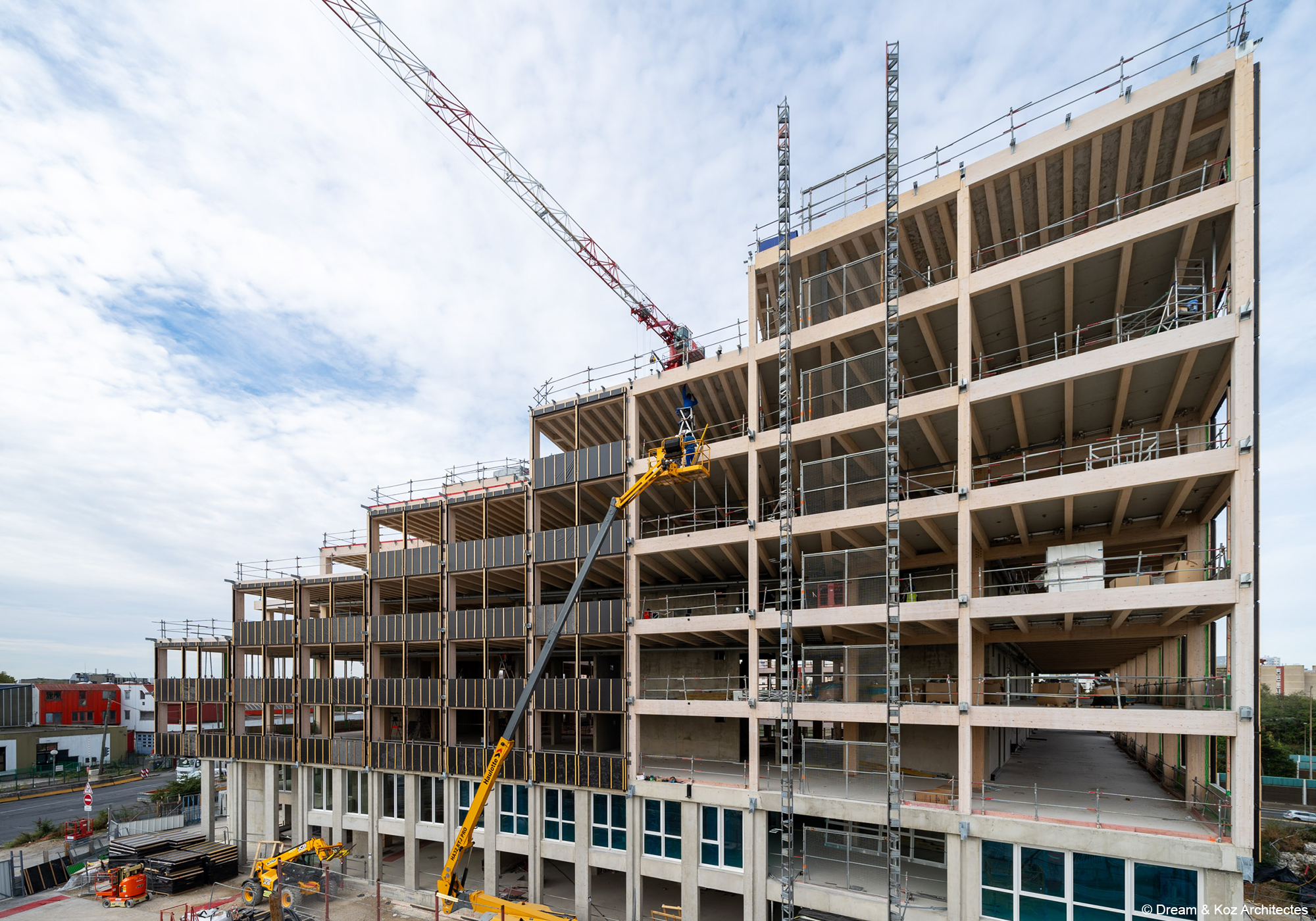 Construction du rectorat de Créteil bâtiment bois béton avec structure poteau poutre bois lamellé collé