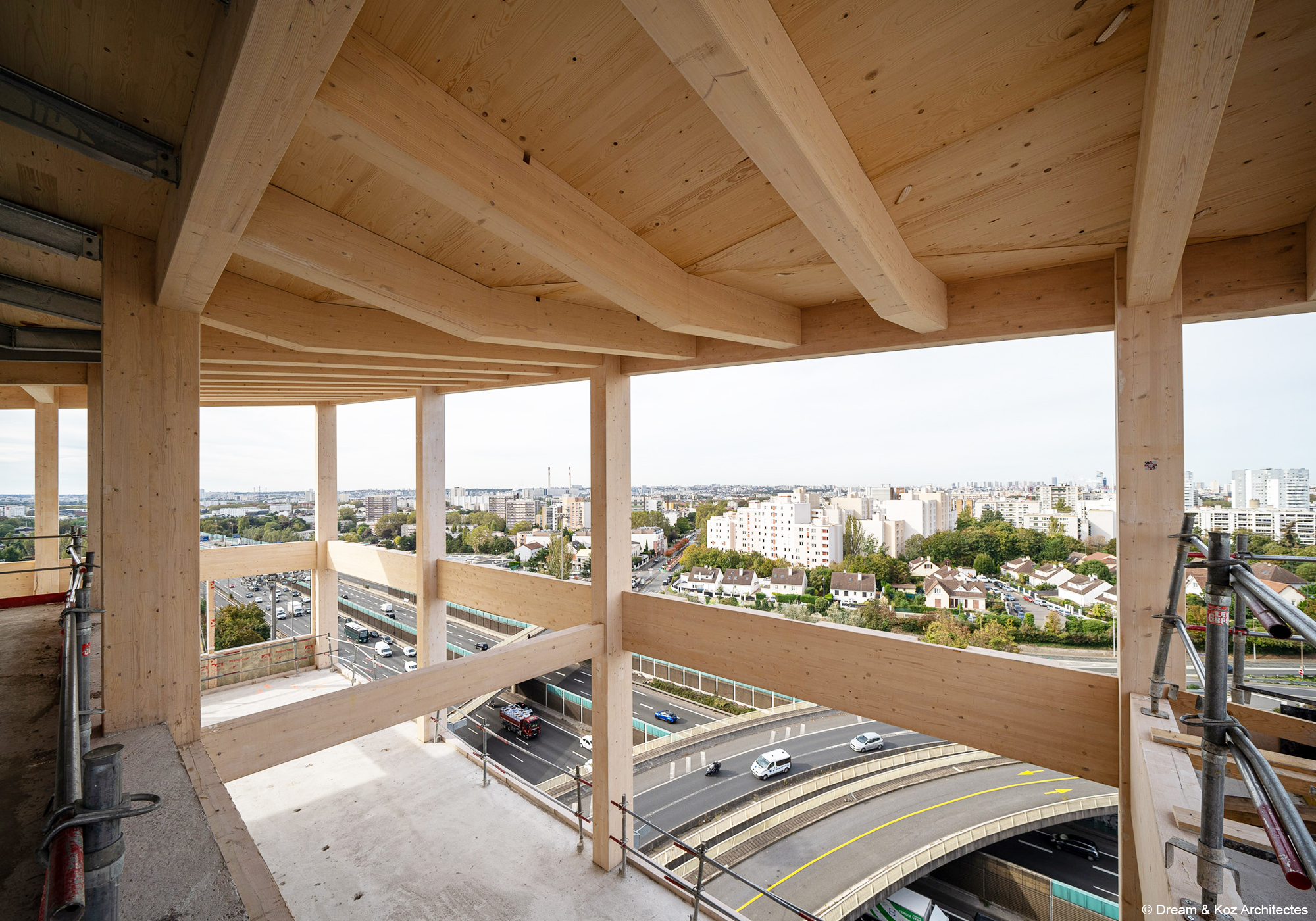 Construction du rectorat de Créteil bâtiment bois béton avec structure poteau poutre bois lamellé collé