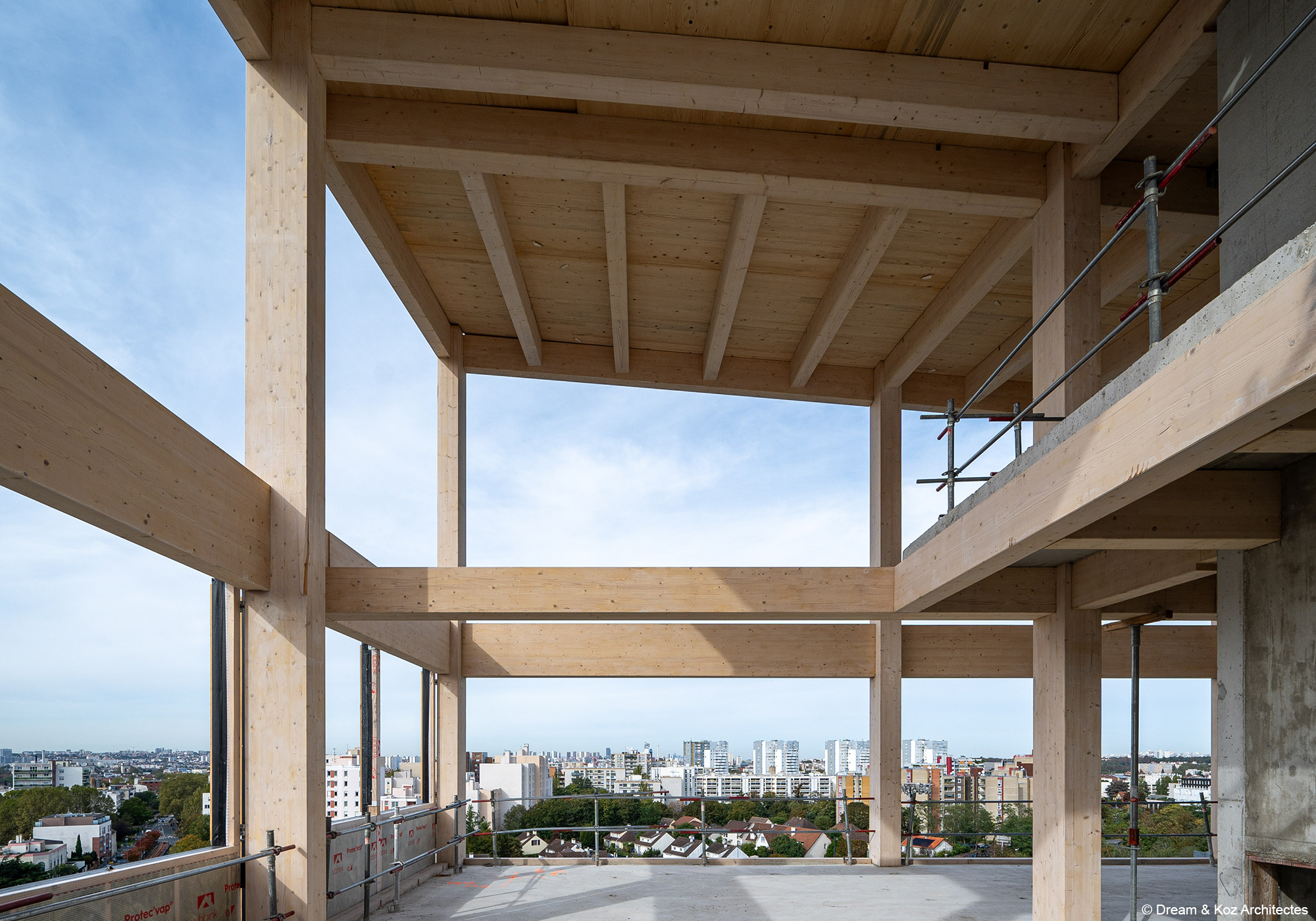 Construction du rectorat de Créteil bâtiment bois béton avec structure poteau poutre bois lamellé collé